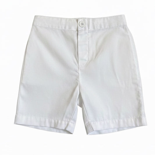 Carriage Boutique white twill toddler boy shorts with a button closure and elastic waistband for comfortable play.