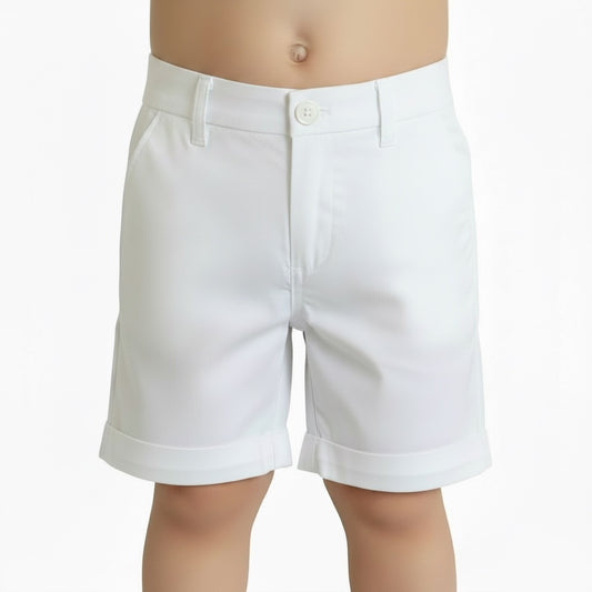 Carriage Boutique toddler boy white twill shorts with an elastic waistband and cuffed hem for casual summer wear.