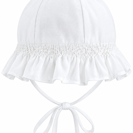 Carriage Boutique white voile baby christening bonnet with delicate smocking and ruffled trim