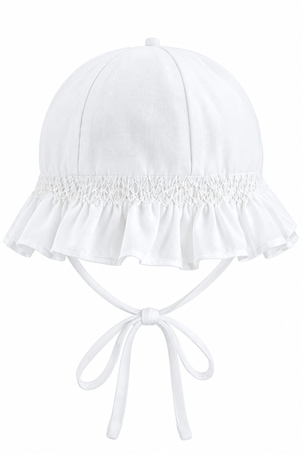 Carriage Boutique white voile baby christening bonnet with delicate smocking and ruffled trim