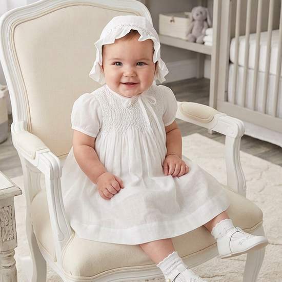 Carriage Boutique baby girl in a white voile christening dress and matching bonnet sitting on a vintage chair