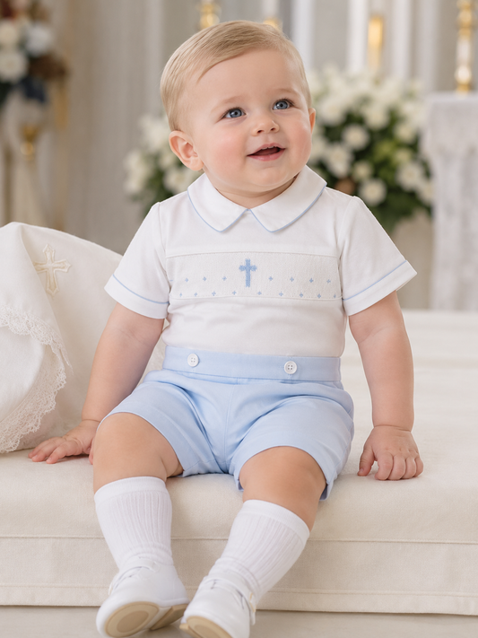 Hand Smocked Blue Cross Christening Bobbie Suit
