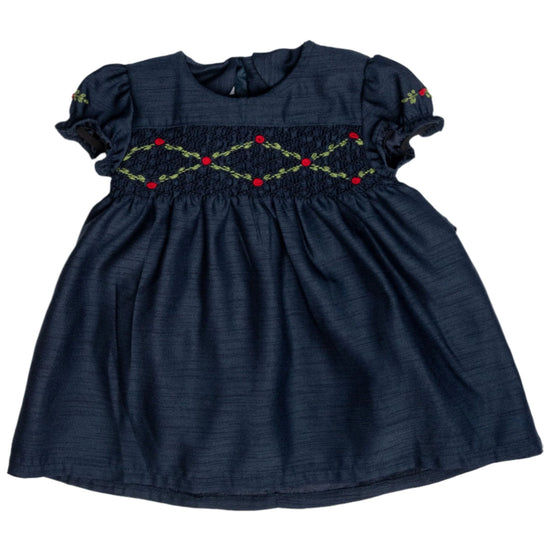 Floral Smocked Silk Navy Short Sleeve Baby Girl Dress - 9M Floral Smocked Silk Navy Short Sleeve Baby Girl Dress - 9M