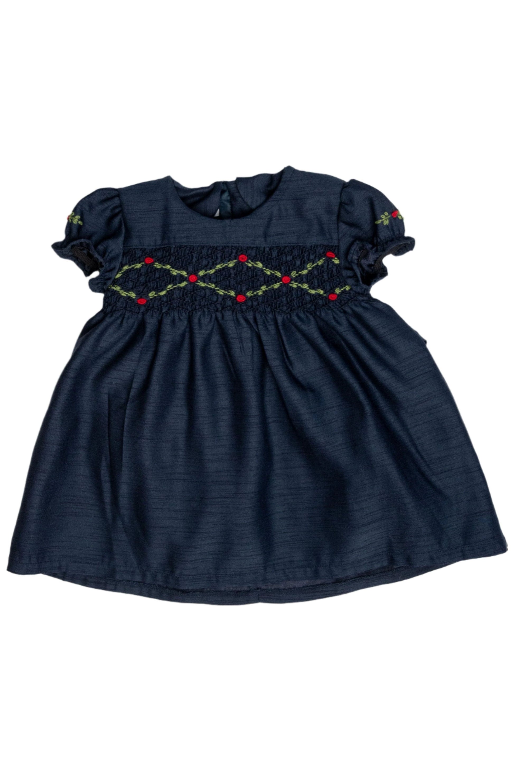 Floral Smocked Silk Navy Short Sleeve Baby Girl Dress - 9M Floral Smocked Silk Navy Short Sleeve Baby Girl Dress - 9M