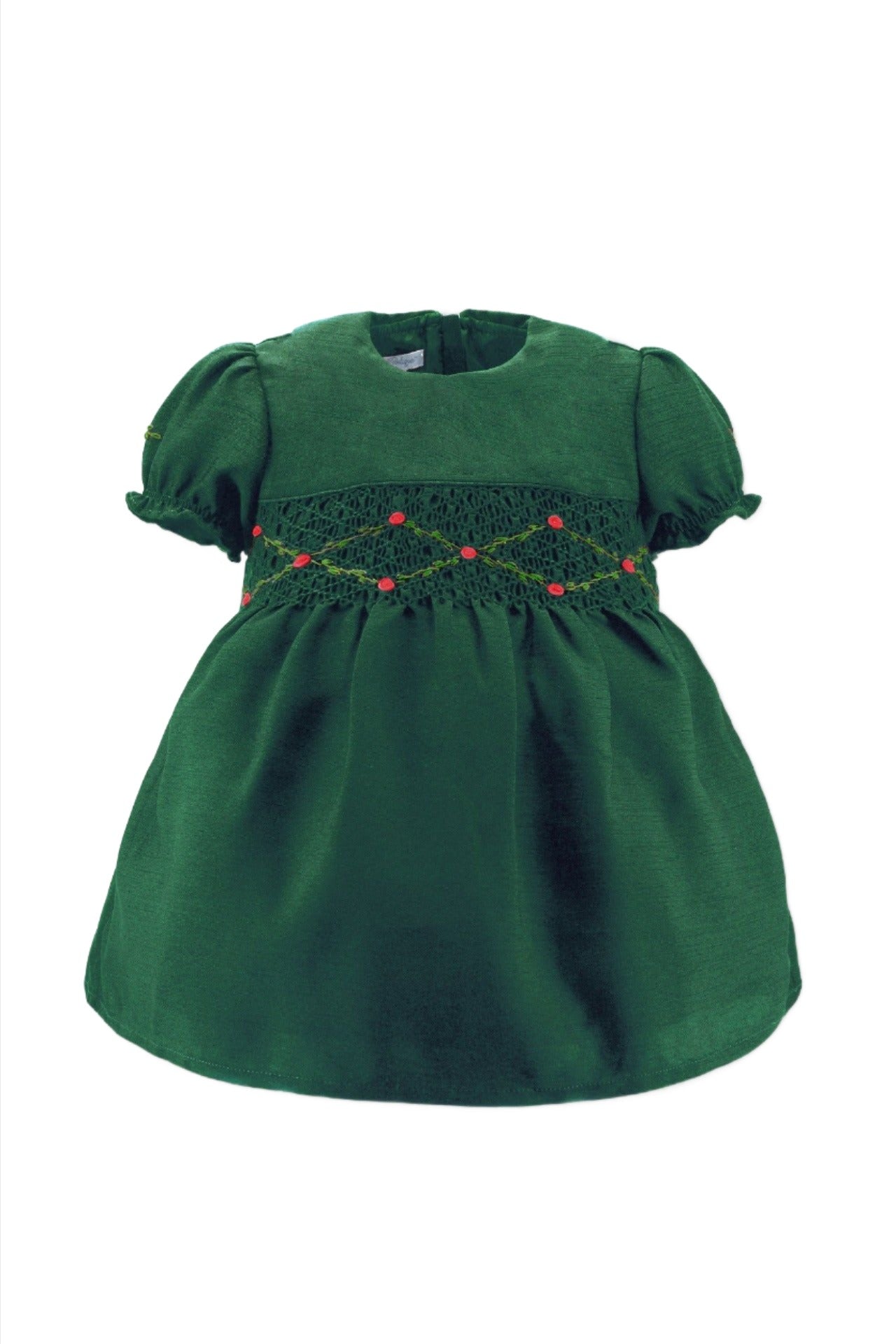 Floral Smocked Green Silk Short Sleeve Baby Dress