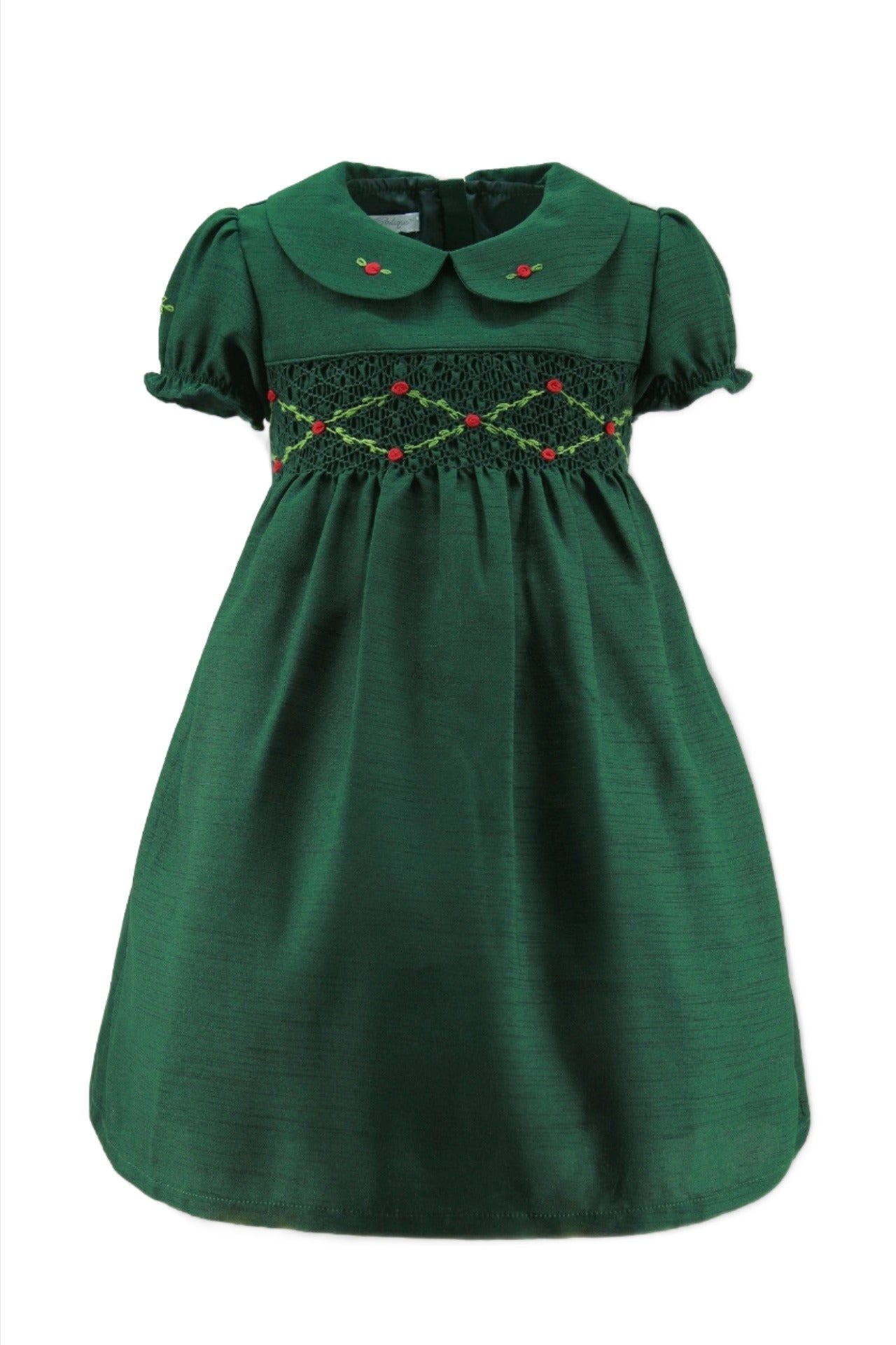 Floral Smocked Green Silk Short Sleeve Toddler Dress - 5Y Floral Smocked Green Silk Short Sleeve Toddler Dress - 5Y