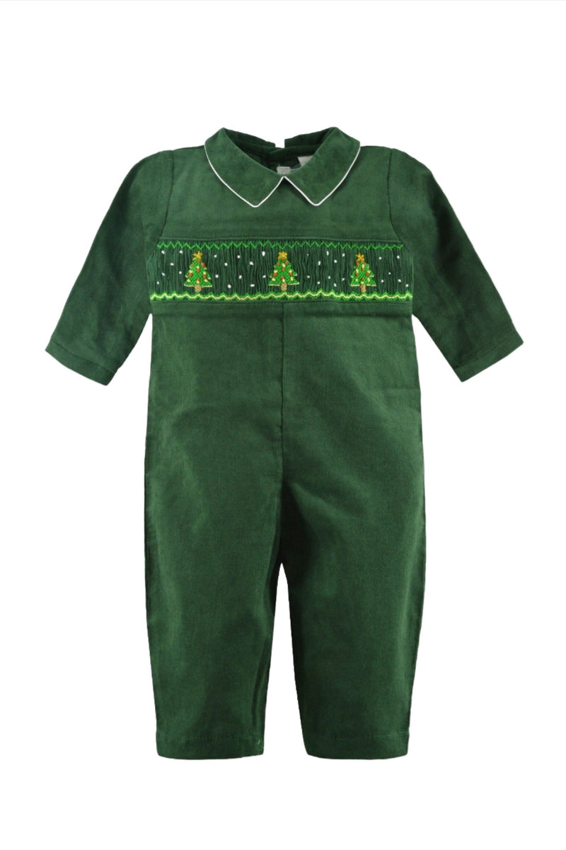 Green Smocked Christmas Trees Baby Boy Long Romper - Carriage Boutique