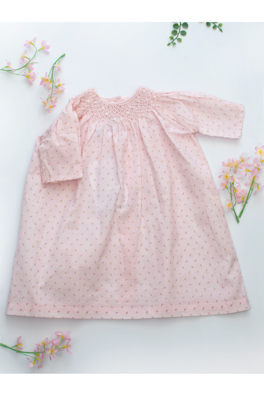 20135-Pink Rosebud Print Baby Girl Dress with Bonnet