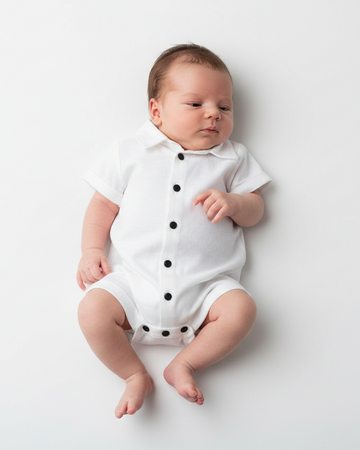 White Linen New Born Baby Boy Romper with Collar