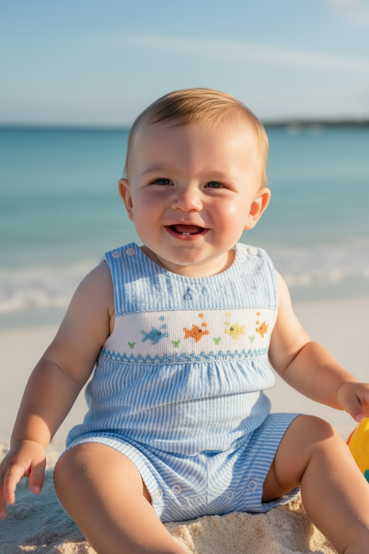 Baby sitting on a sandy beach wearing a light blue outfit with colorful fish patterns.