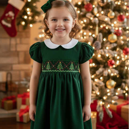 Smocked Christmas Trees Short Sleeve Toddler Girl Dress Smocked Christmas Trees Short Sleeve Toddler Girl Dress