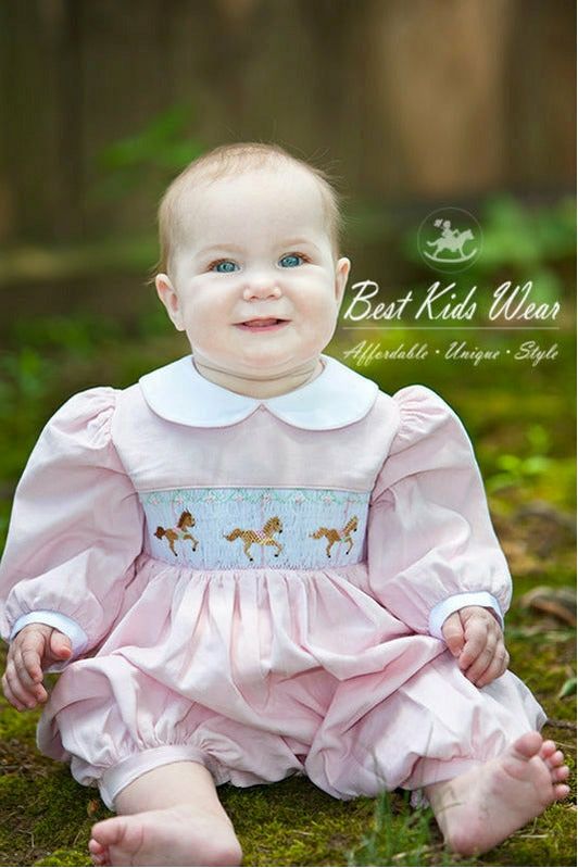 Smocked Horses Long Sleeve Baby Girl Long Romper 3 - Carriage Boutique