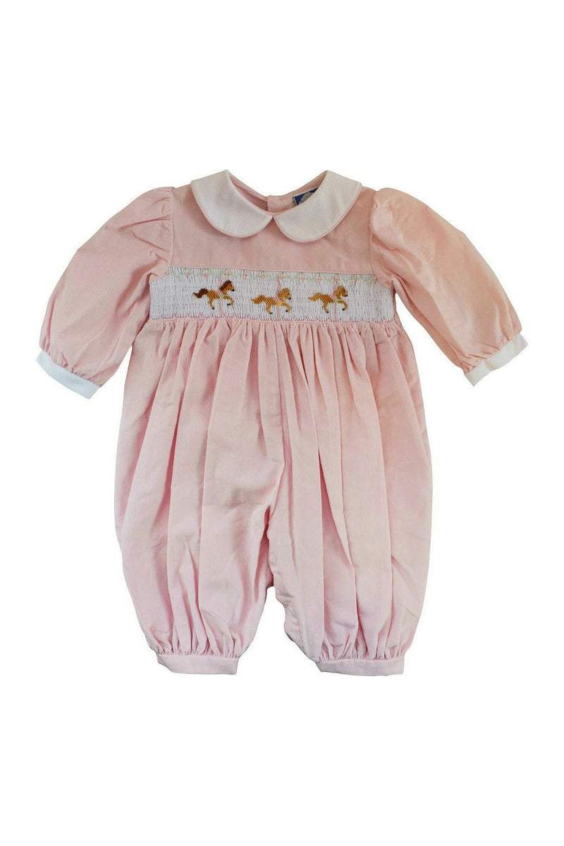 Smocked Horses Long Sleeve Baby Girl Long Romper - Carriage Boutique