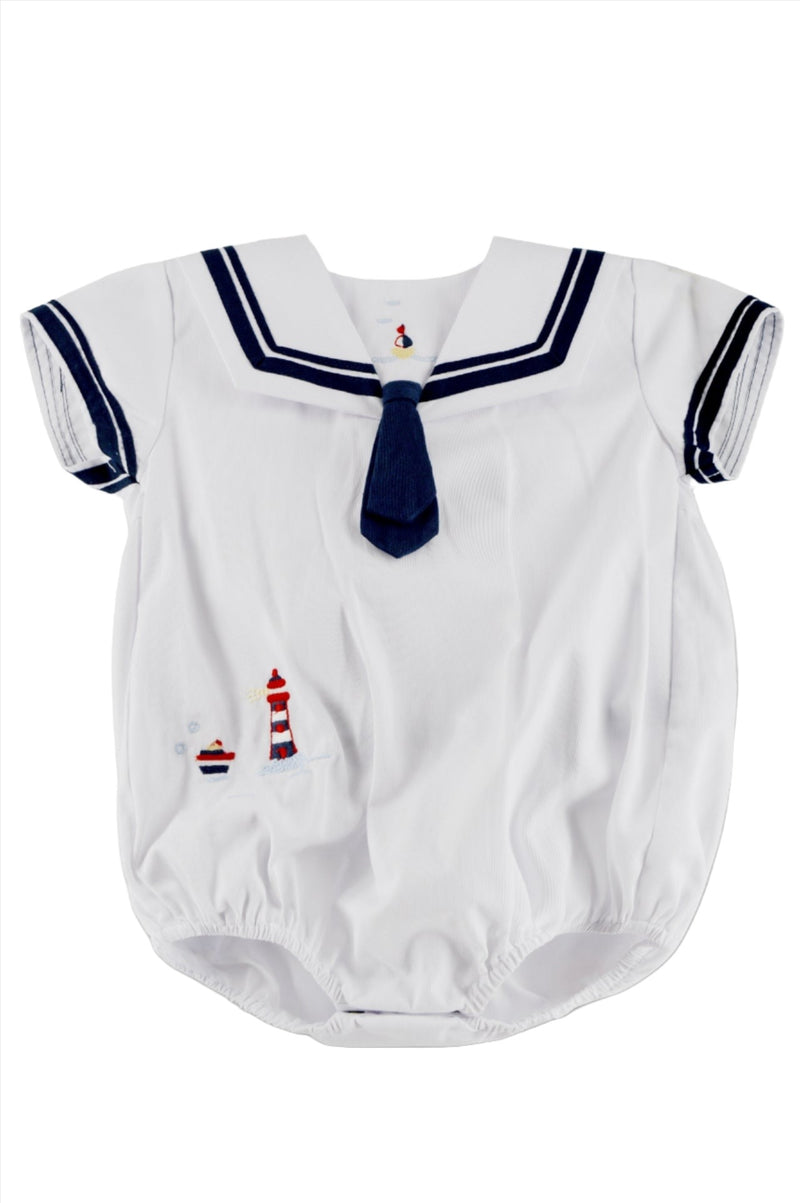 Smocked Nautical Baby Boy Bubble Romper with Hat