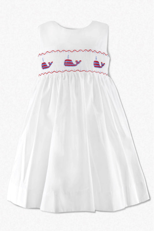 Smocked Red Whale of USA White Toddler Girl Dress