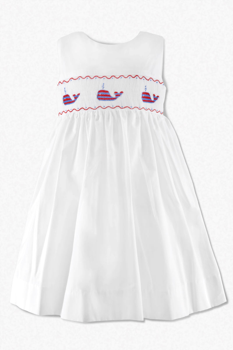 Smocked Red Whale of USA White Toddler Girl Dress