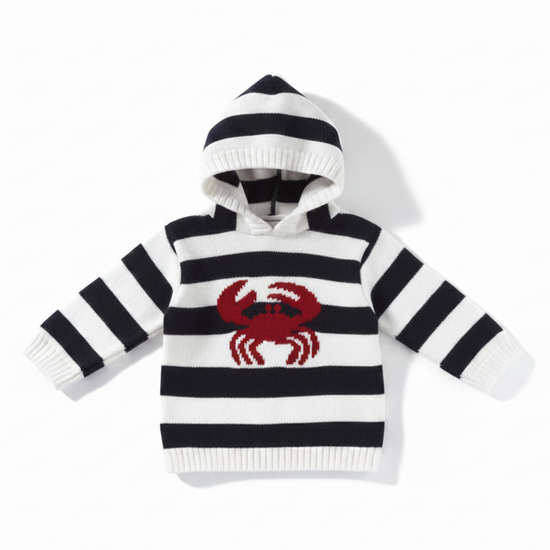 A baby knit hooded sweater with horizontal black and white stripes and a red crab motif on the chest, displayed on a clean white background.