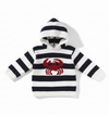 A baby knit hooded sweater with horizontal black and white stripes and a red crab motif on the chest, displayed on a clean white background.