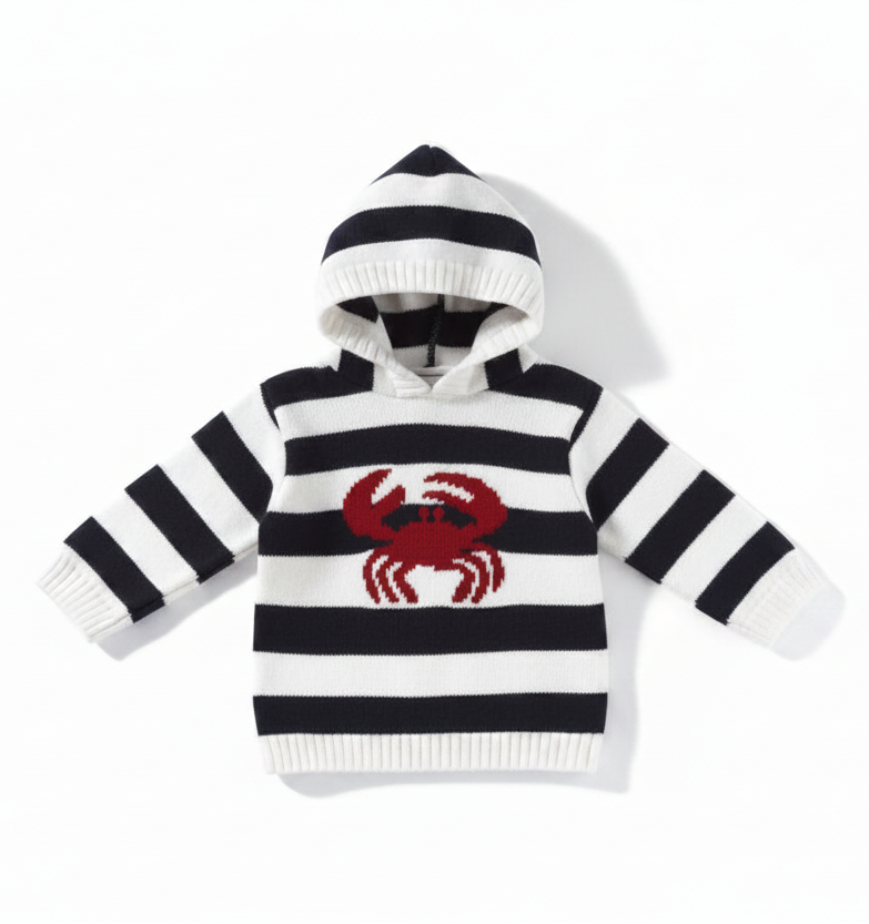 A baby knit hooded sweater with horizontal black and white stripes and a red crab motif on the chest, displayed on a clean white background.