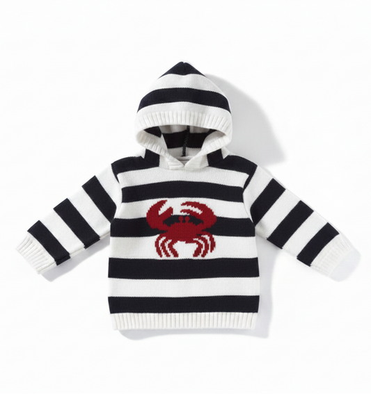 A baby knit hooded sweater with horizontal black and white stripes and a red crab motif on the chest, displayed on a clean white background.