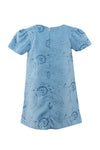 Back view of a Carriage Boutique toddler girl dress in light blue suede polyester with floral and dot patterns.