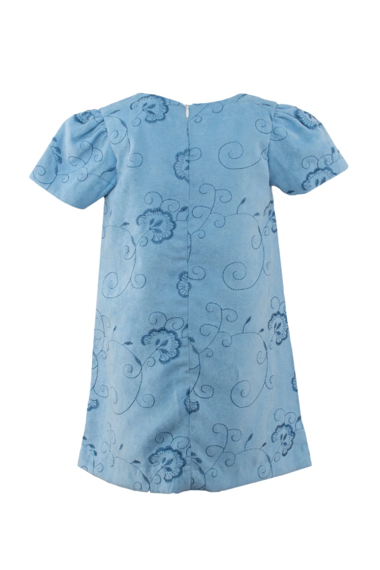 Back view of a Carriage Boutique toddler girl dress in light blue suede polyester with floral and dot patterns.