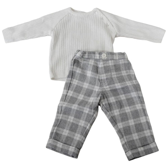 White & Gray Heathered Plaid Baby Boy Pant Set - Carriage Boutique