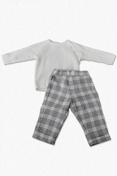 White & Gray Heathered Plaid Baby Boy Pant Set - Carriage Boutique