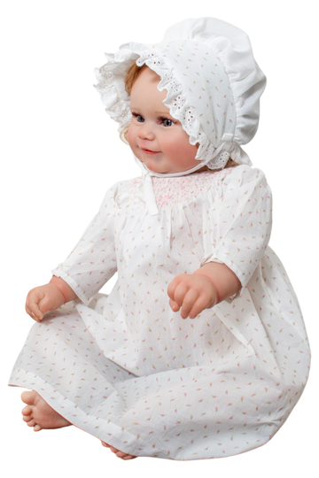 20134-White Rosebud Print Baby Girl Dress with Bonnet