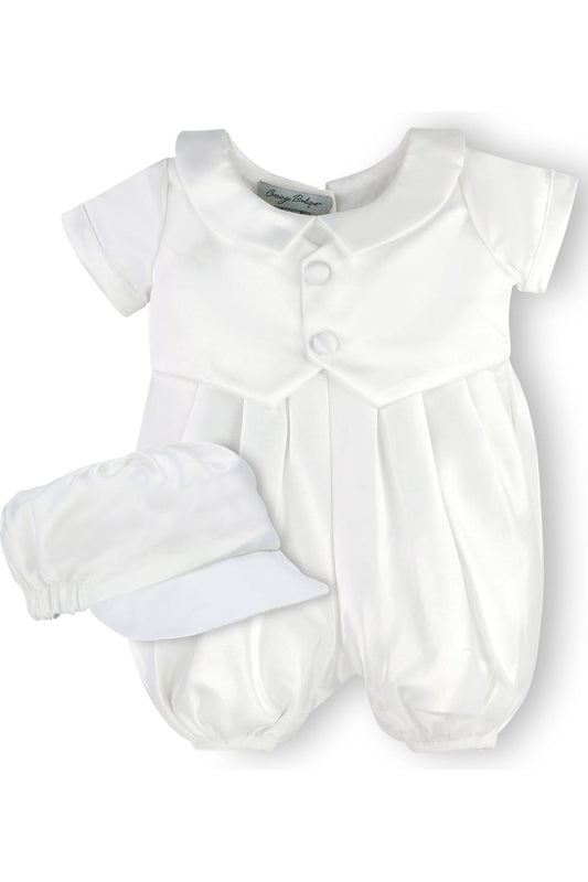 Satin Christening & Baptism Vested Baby Boy Romper with Hat