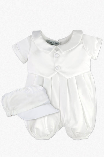 Satin Christening & Baptism Vested Baby Boy Romper with Hat