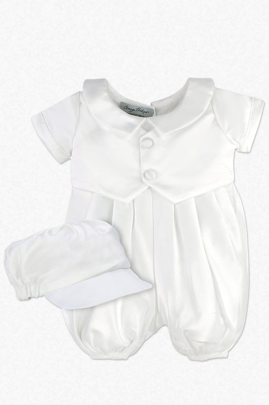 Satin Christening & Baptism Vested Baby Boy Romper with Hat