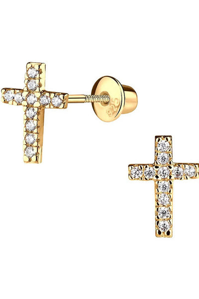 14k Gold-Plated Cross CZ Kids Earrings Baptism Gift for Girl - Carriage Boutique