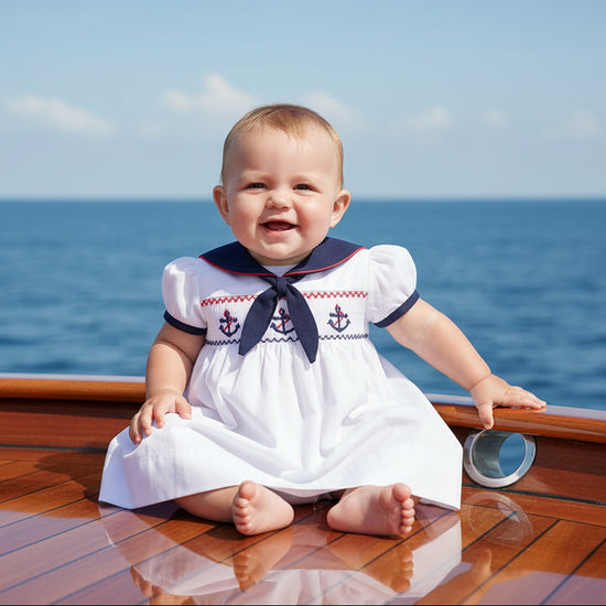 Hand Smocked Anchors White Girl Dress (Babies & Toddlers) - Carriage Boutique