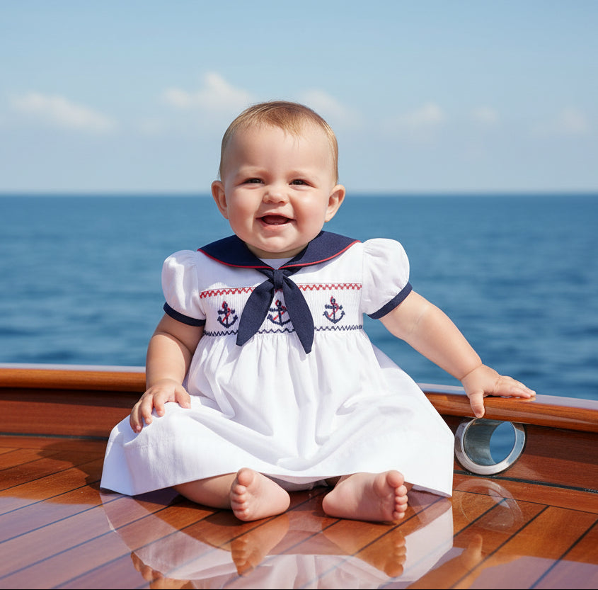 Hand Smocked Anchors White Girl Dress (Babies & Toddlers) - Carriage Boutique