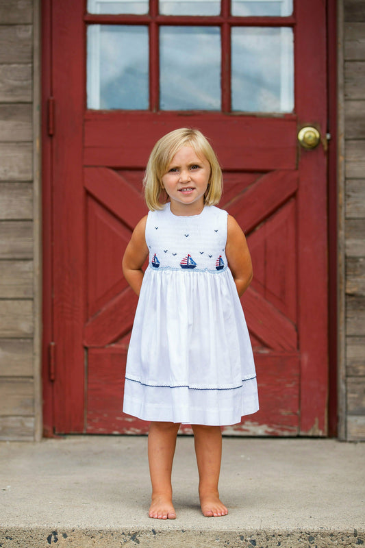 Smocked Boats White Sleeveless Toddler Girl Dress