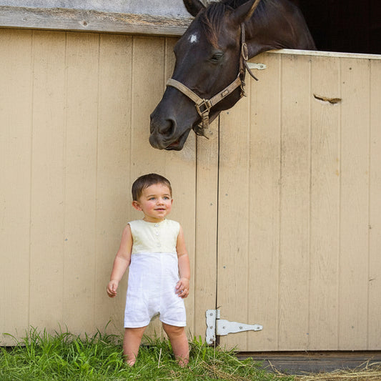 Tan & White Sleeveless Jon Jon Romper 2 - Carriage Boutique 