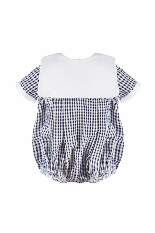 Monogram Check - Navy Boys Bib Short Romper - Carriage Boutique