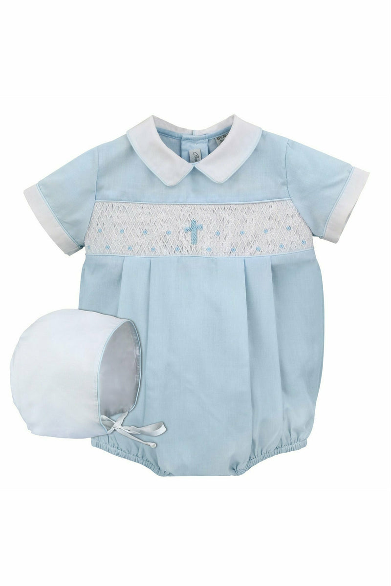 Baby Boy Hand Smocked Christening Baptism Blue Cross Romper - White Collar