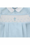 Baby Boy Hand Smocked Christening Baptism Blue Cross Bubble- White Collar