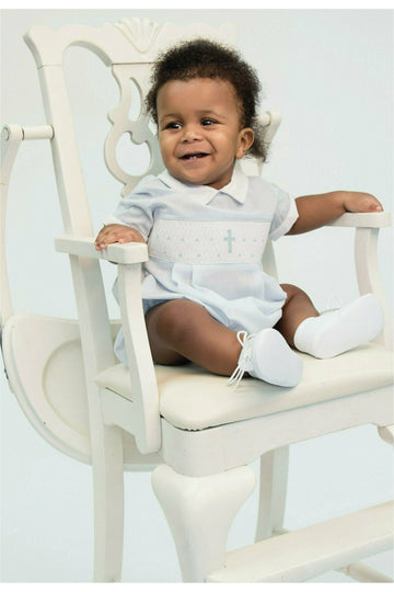 Baby Boy Hand Smocked Christening Baptism Blue Cross Romper - White Collar - Carriage Boutique