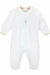 Baby Boy Knit Pearl Gold Cross Outfit + Bonnet - Carriage Boutique