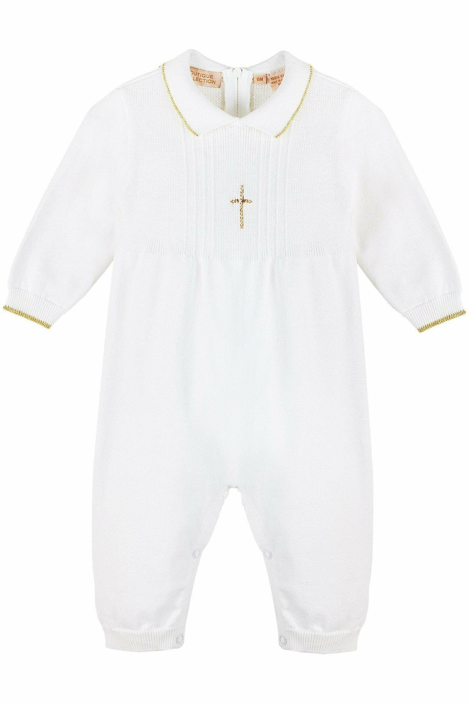 Baby Boy Knit Pearl Gold Cross Outfit + Bonnet - Carriage Boutique