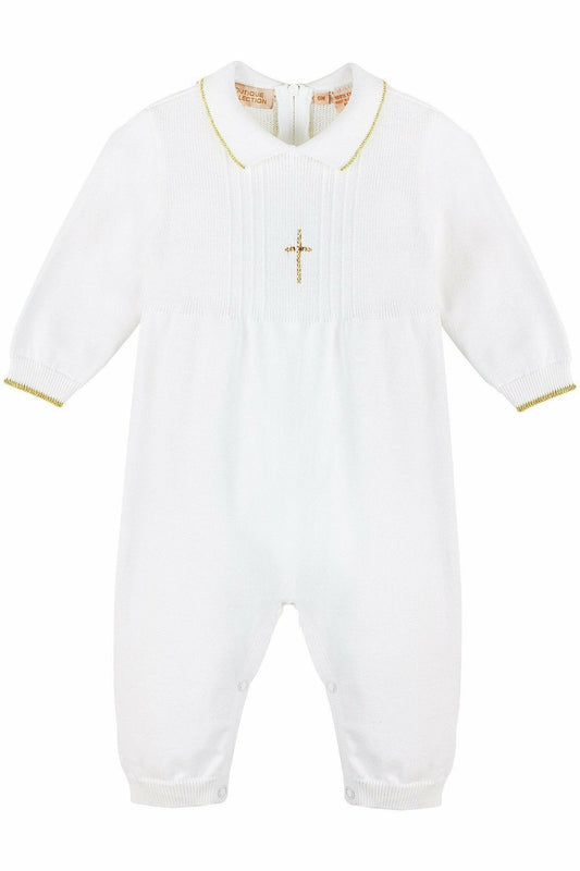 Baby Boy Knit Pearl Gold Cross Outfit + Bonnet - Carriage Boutique