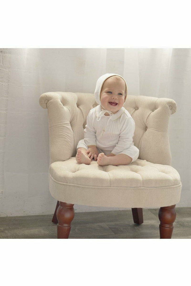 Baby Boy Knit Pearl Gold Cross Outfit + Bonnet - Carriage Boutique