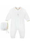 Baby Boy Knit Pearl Gold Cross Outfit + Bonnet - Carriage Boutique