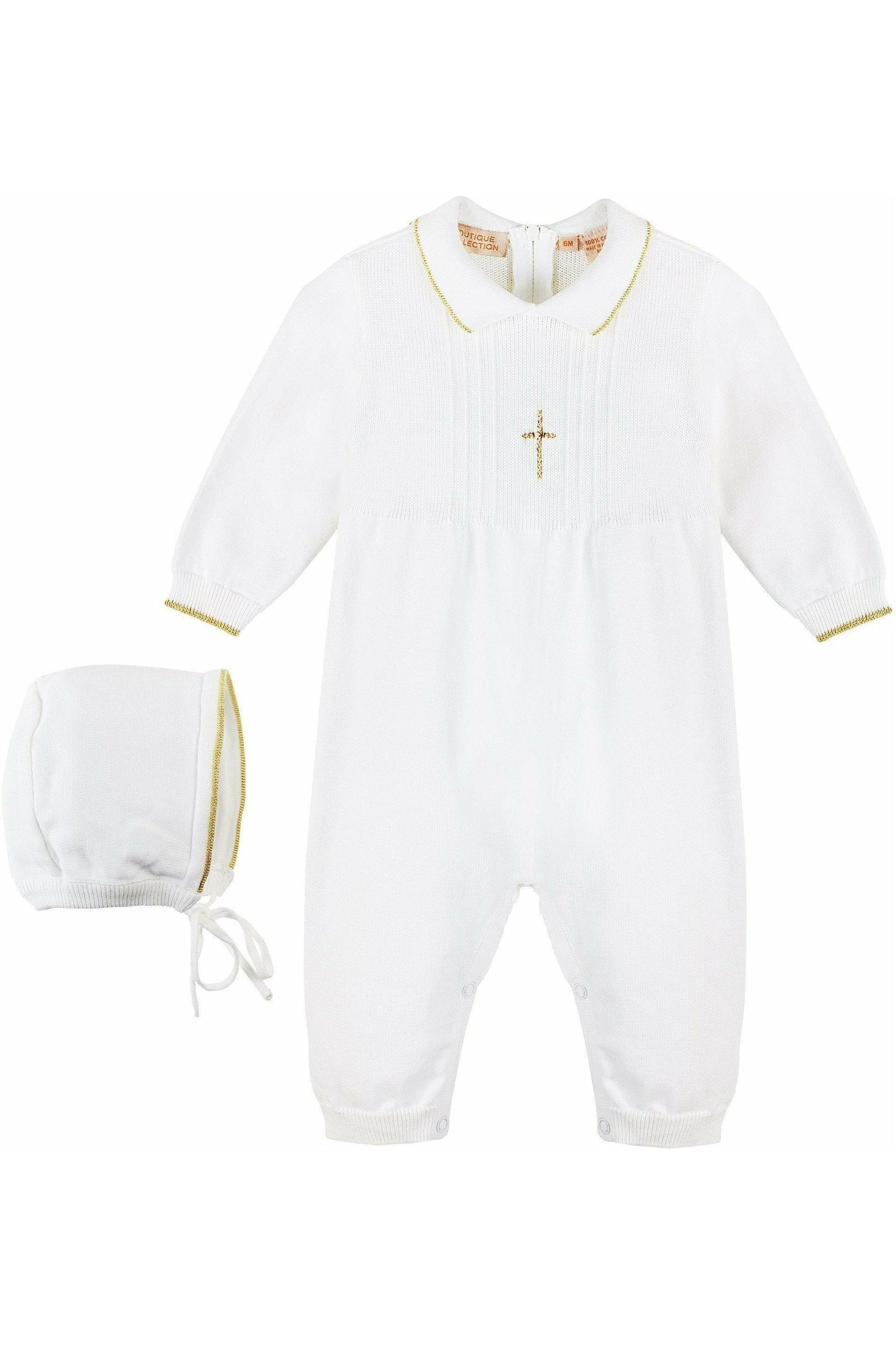 Baby Boy Knit Pearl Gold Cross Outfit + Bonnet - Carriage Boutique