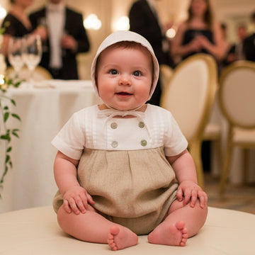 Carriage Boutique Tan & White Baby Boy Bubble Romper with Bonnet