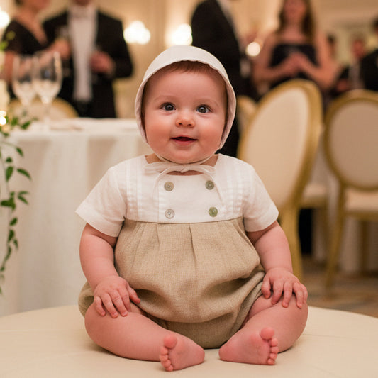 Carriage Boutique Tan & White Baby Boy Bubble Romper with Bonnet