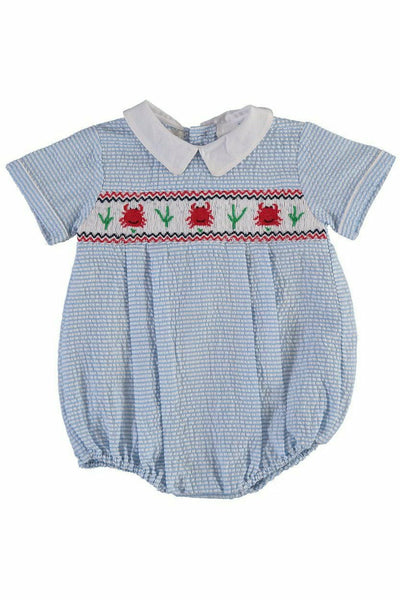 Carriage Boutique Baby Boy Crab Short Creeper -Blue Stripes and Hand Smocked - Carriage Boutique